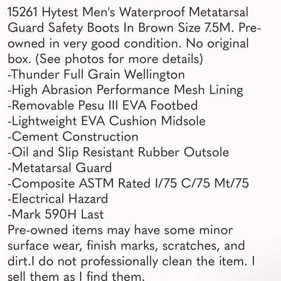 Hytest Men's Waterproof Metatarsal Guard Safety Boots Size 6 (women’s 8) - Picture 13 of 16